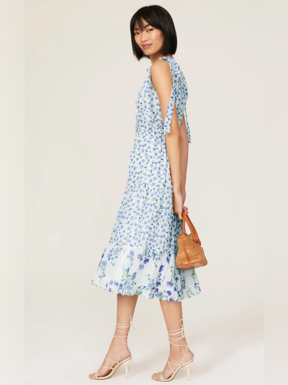 Shoshanna Helena Floral Tie-Sleeve V-Neck Midi Dress - Blue size 8 - Picture 6 of 15